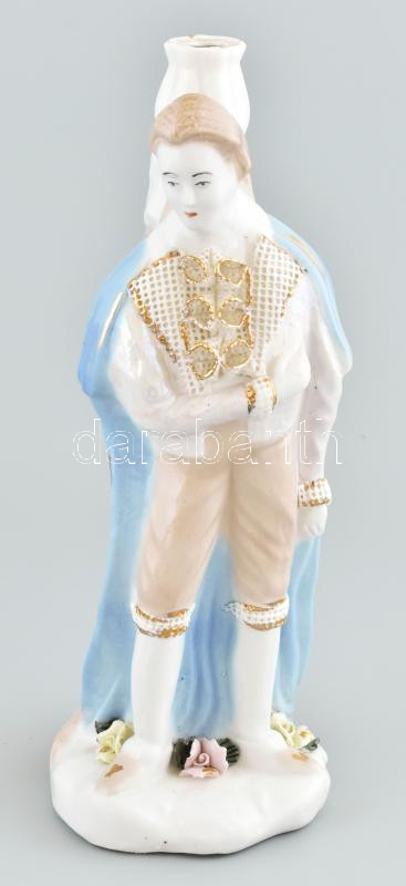 Férfi alakos porcelán szobor, gyertyatartó elemmel, kopással, gyári anyaghibával, jelzéssel, m: 27,5 cm