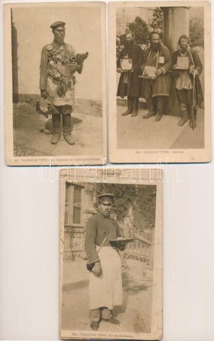 Russische Typen - 9 db régi képeslap az első világháborús frontról: orosz típusok / 9 pre-1945 postcards from the WWI front: Russian folklore