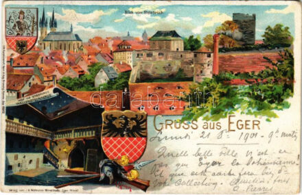 1901 Cheb, Eger; Blick vom Steinbruch. J. A. Widtmann Art Nouveau, coat of arms litho (EK)