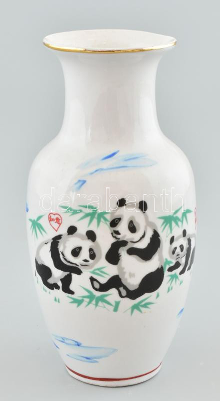 Kínai panda mintás váza, jelzéssel, hibátlan (kis gyári mázhibával), m: 15,5 cm