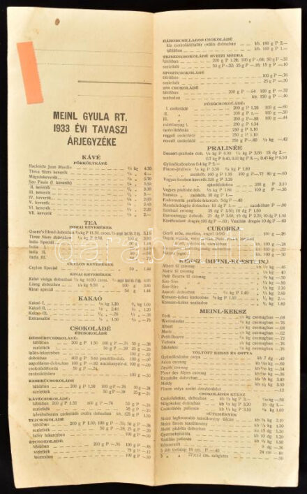 1933 Meinl Gyula Rt. 1933. évi tavaszi árjegyzéke, kétoldalas, hajtott, 34x21 cm