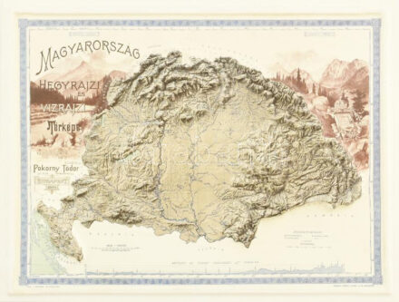 Magyarország hegyrajzi és vízrajzi dombortérkép, 1899-ben megjelent térkép utáni modern nyomás, 17x22 cm
