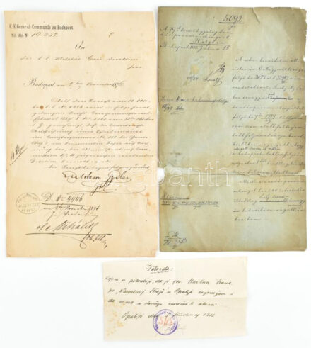 3 db katonai irat: 1876 Bp., K. K. General-Commando zu Budapest, német nyelvű katonai irat, gr. Edelsheim-Gyulai (Lipót Vilmos?) aláírásával + 1885 Bp., a 79-ik honvéd gyalogdandár parancsnokságának szóló irat + 1918 Opatija
