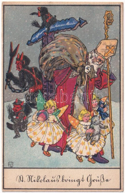 St. Nikolaus bringt Grüsse / Mikulás és Krampusz / Saint Nicholas and Krampus. P.G.W.I. 504-6. litho s: H.M.S. (EK)