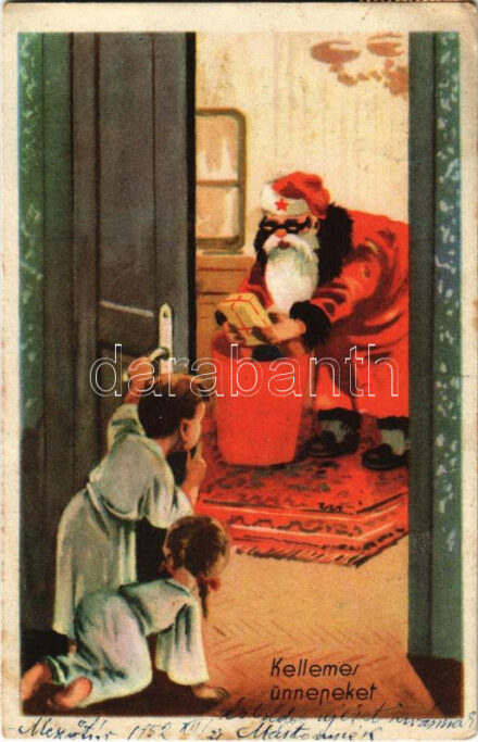1952 Magyar szocreál karácsonyi propaganda, szocialista Mikulás. Művészeti Alkotások / Hungarian Socialist Communist propaganda, Christmas and Saint Nicholas (fl)