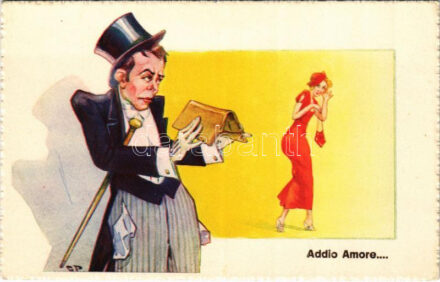 Addio Amore... / Viszlát szerelem, üres pénztárca / 'Bye Love' Italian romantic humour art postcard, empty wallet. Cecami 516.