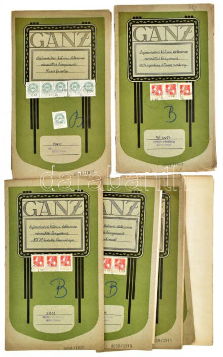 1915 Sajószentpéteri külszíni elektromos szénszállító bányavasút, 8 db nagyméretű tervrajz (Ganz-gyártmányú villamosmozdony, áramleszedő, motordynamo, stb.), minisztériumi bélyegzőkkel, aláírásokkal, illetékbélyegekkel.