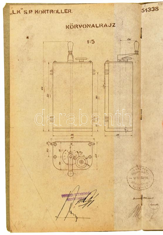 1915 Sajószentpéteri külszíni elektromos szénszállító bányavasút, 8 db nagyméretű tervrajz (Ganz-gyártmányú villamosmozdony, áramleszedő, motordynamo, stb.), minisztériumi bélyegzőkkel, aláírásokkal, illetékbélyegekkel. - Image 2