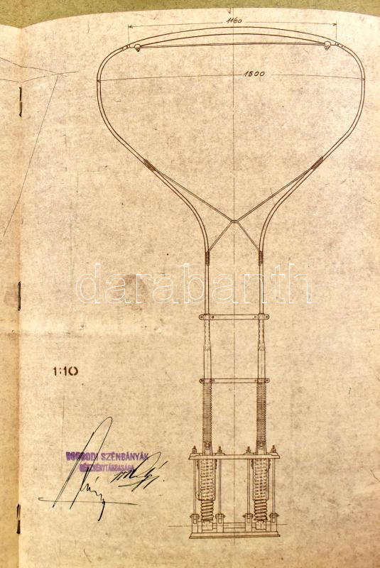 1915 Sajószentpéteri külszíni elektromos szénszállító bányavasút, 8 db nagyméretű tervrajz (Ganz-gyártmányú villamosmozdony, áramleszedő, motordynamo, stb.), minisztériumi bélyegzőkkel, aláírásokkal, illetékbélyegekkel. - Image 3