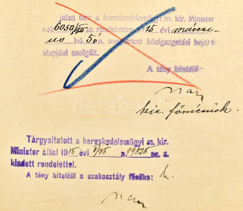 1915 Sajószentpéteri külszíni elektromos szénszállító bányavasút, 8 db nagyméretű tervrajz (Ganz-gyártmányú villamosmozdony, áramleszedő, motordynamo, stb.), minisztériumi bélyegzőkkel, aláírásokkal, illetékbélyegekkel. - Image 4