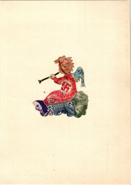 Angyal a felhőn, horogkeresztes ruhában. Bélyegekből kivágott és összeragasztott képeslap. Budai nyomda / Angel on a cloud, swastika. Made out of stamps