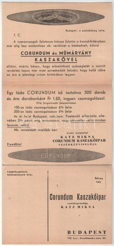 1948 Corundum és műmárvány kaszakő. Katz Miksa Corundum Kaszakőipar Vezérképviselője. Budapest VII. Dembinszky utca 21. 3-részes kihajtható reklám képeslap / Hungarian sharpening stones shop advertisement card. 3-tiled folding postcard