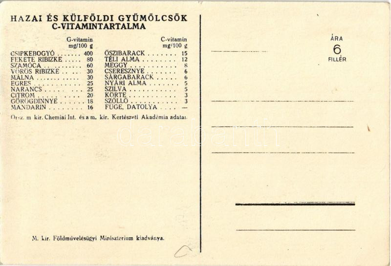 Tízpercben gyümölcs! Magyar egészségügyi propaganda, C-vitamin táblázat a hátoldalon. M. kir. Földművelésügyi Minisztérium kiadványa / Hungarian health campagin propaganda, C-Vitamin chart on the backside s: Vöczköndy - Image 2