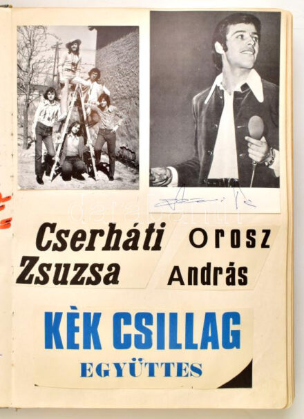 cca 1970-1980 Szécsényi művelődési ház vendégkönyve, benne rengeteg híres zenész, művész, énekes autográf aláírásával, rajzokkal: Illés, Skorpió, Szécsi Pál, Szovjetunió együttes, Tolcsvay, Fonográf, Kaláka, Macspol, stb.;