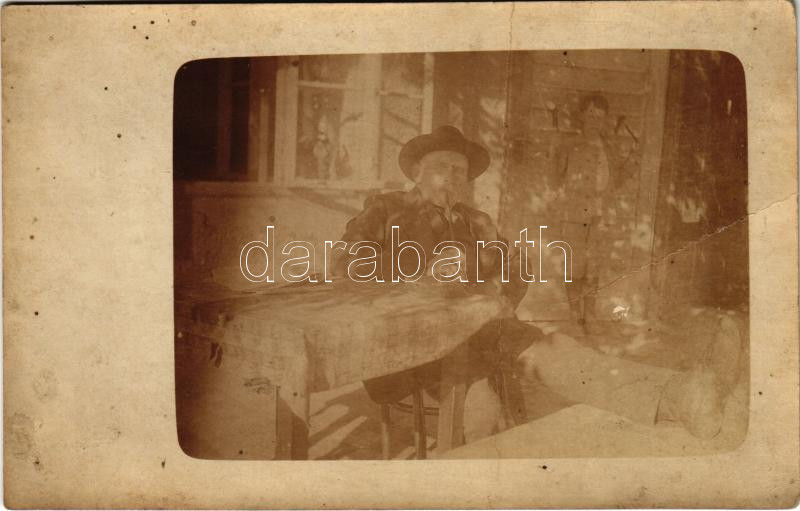 Gímes, Ghymes, Dymes, Jelenec; Posta épület, pipázó férfi / post office, man smoking a pipe. photo (fa)