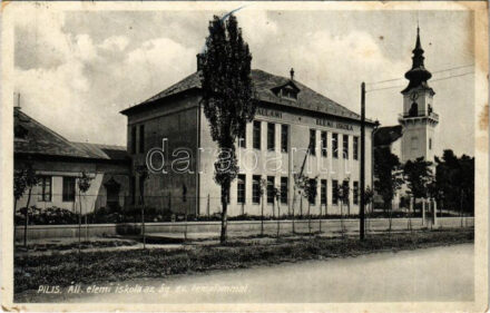 Pilis, Állami elemi iskola, Evangélikus templom. Fantusz Izidor kiadása (b)