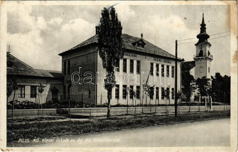 Pilis, Állami elemi iskola, Evangélikus templom. Fantusz Izidor kiadása (b)