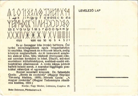 Az ősmagyar rovásírás betűsora. Kiadja Nagy Sándor Debrecen / Hungarian runes alphabet, irredenta (EK)