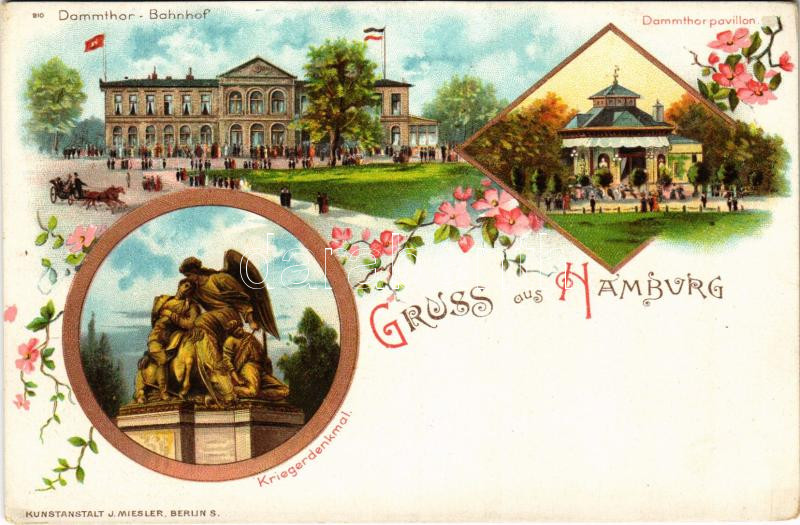 Hamburg, Kriegerdenkmal, Dammtor Bahnhof, Dammtorpavillon / war monument, railway station, pavilion. Kunstanstalt J. Miesler Art Nouveau, floral, litho