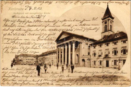 1903 Karlsruhe, Marktplatz mit evangelischer Kirche / market square, church (fl)