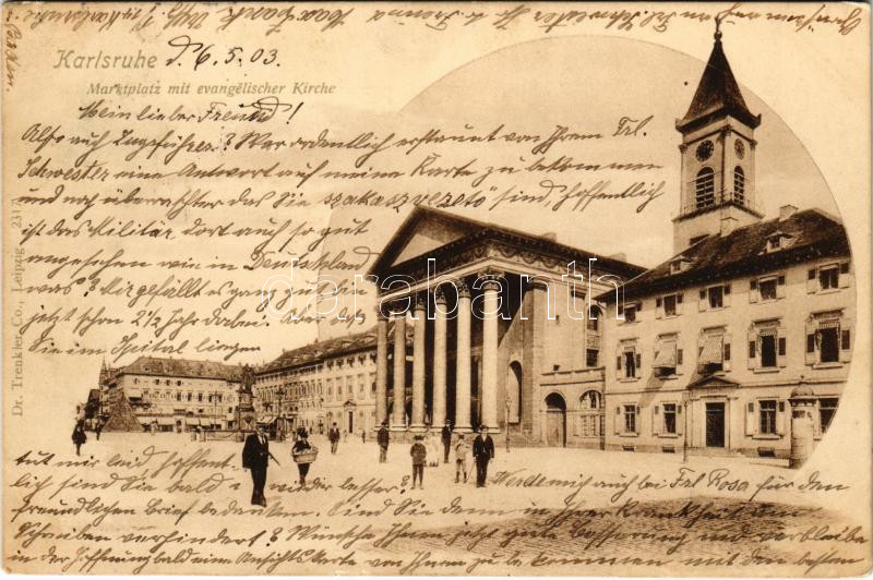 1903 Karlsruhe, Marktplatz mit evangelischer Kirche / market square, church (fl)