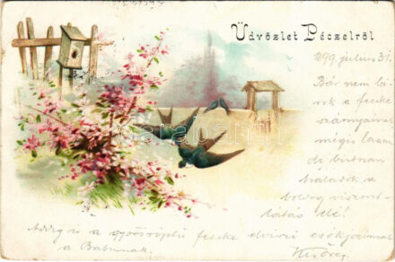 1899 (Vorläufer) Pécel, Péczel; litho művészlap fecskékkel (EB)