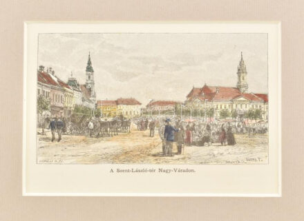 cca 1880 Nagyvárad Szent László tér színezett fametszet paszpartuban. 12x9 cm