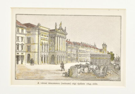cca 1880 Budapest a régi vigadó 1849 előtt színezett fametszet paszpartuban. 13x9 cm