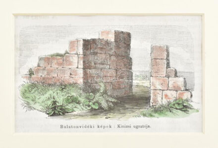 cca 1850 Balatonvidéki képek, Kinizsi ugratója színezett fametszet paszpartuban. 12x8 cm