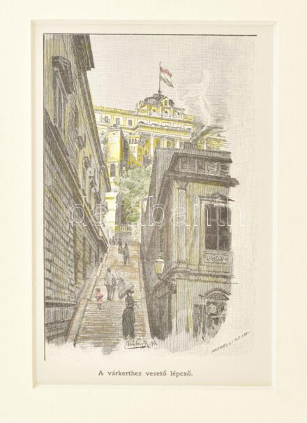 cca 1880 Buda a Várkerthez vezető lépcső, színezett Morelli fametszet paszpartuban.14x9 cm