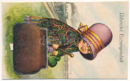 Esztergom, Üdvözlet Esztergomból. Bőröndös hölgy a vasútállomáson gőzmozdonnyal leporellólap 10 kis képpel (vágott / cut)