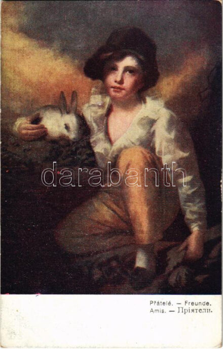 Amis / Freunde / child with rabbit, art postcard (EK)