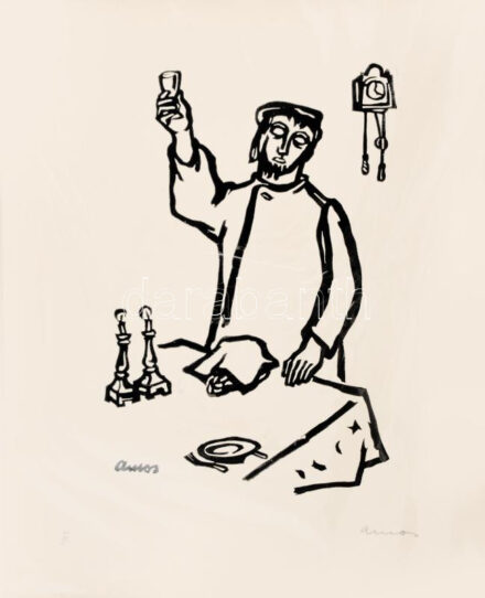 Ámos Imre (1907-1944): Kiddus. Linómetszet, papír, jelzett. Az 1940-ben megjelent Zsidó ünnepek c. mappából, II. sz. lap. Lapszéli apró sérülésekkel. 35x28 cm / Imre Ámos (1907-1944): Kiddush. Linocut on paper, signed. From the album