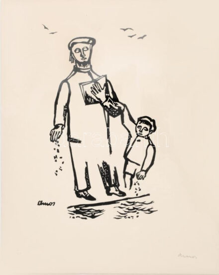 Ámos Imre (1907-1944): Taslich. Linómetszet, papír, jelzett. Az 1940-ben megjelent Zsidó ünnepek c. mappából, VI. sz. lap. 35x28 cm / Imre Ámos (1907-1944): Taslich. Linocut on paper, signed. From the album Jewish holidays (1940), sheet nr.