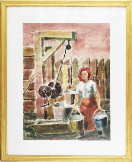 Bene József (1903-1986): Vízhordó erdélyi nő. Akvarell, papír, jelezve balra lent. Üvegezett fakeretben. 55x41 cm/ watercolour on paper, signed, framed