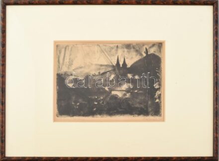 Aba-Novák Vilmos (1894-1941): Felsőbánya - Kettős torony 1925 Rézkarc, papír, jelzett, ajándékozási sorokkal, üvegezett keretben, 22x17 cm / Vilmos Aba-Novák (1894-1941): Felsőbánya Baia Sprie, 1925. Etching on paper, signed, 22x17 cm