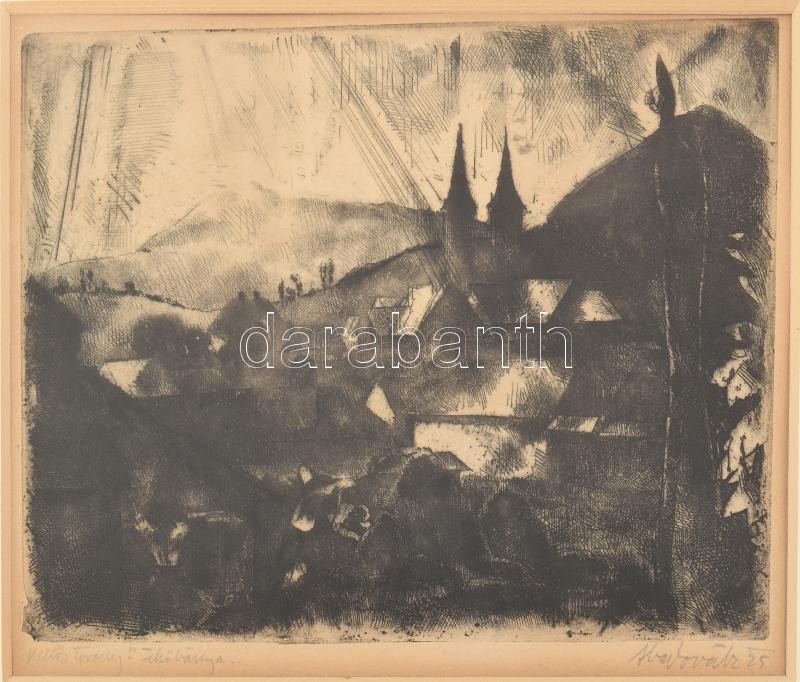 Aba-Novák Vilmos (1894-1941): Felsőbánya - Kettős torony 1925 Rézkarc, papír, jelzett, ajándékozási sorokkal, üvegezett keretben, 22x17 cm / Vilmos Aba-Novák (1894-1941): Felsőbánya Baia Sprie, 1925. Etching on paper, signed, 22x17 cm - Image 2
