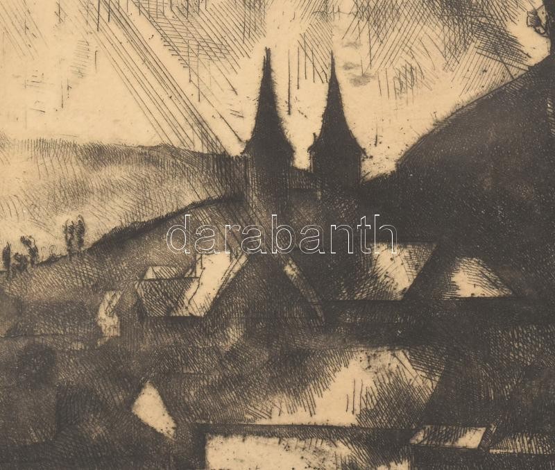 Aba-Novák Vilmos (1894-1941): Felsőbánya - Kettős torony 1925 Rézkarc, papír, jelzett, ajándékozási sorokkal, üvegezett keretben, 22x17 cm / Vilmos Aba-Novák (1894-1941): Felsőbánya Baia Sprie, 1925. Etching on paper, signed, 22x17 cm - Image 4