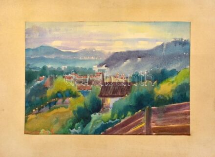 Kudelász Károly (1896-1973): Kolozsvári panoráma, 1940. Akvarell, papír, balra lent autográf felirattal helyszínnel megnevezve és datált (Kolozsvár 1940.X. 17?), hátoldalán pecséttel jelzett és Kudelász Károly autográf ajándékozási soraival Varga Mátyás (