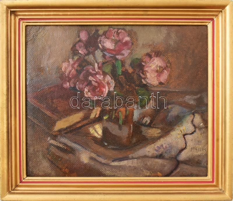 Pirk János (1903-1989): Bazsarózsás csendélet, 1948. Olaj, farost, jelezve jobbra lent. Hátoldalán Gödöllő 1948 felirattal. 29×34,5 cm. Fa keretben. / Oil on wood fibre, signed.