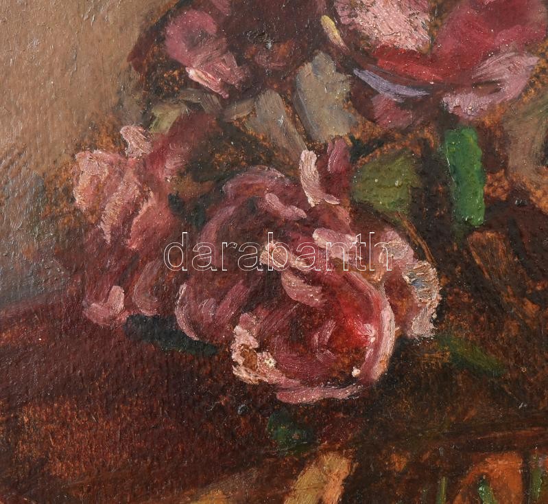 Pirk János (1903-1989): Bazsarózsás csendélet, 1948. Olaj, farost, jelezve jobbra lent. Hátoldalán Gödöllő 1948 felirattal. 29×34,5 cm. Fa keretben. / Oil on wood fibre, signed. - Image 3