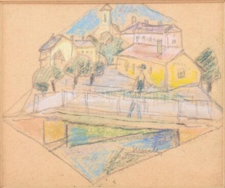 Kmetty János (1889-1975): Kisváros (Szentendre). Pasztell, ceruza, papír, jelezve jobbra középen lent. Proveniencia: Ury Ibolya (1924-2009), a Műcsarnok tudományos főmunkatársa, az 1979-ben megjelent Kmetty monográfia szerzőjének hagyatékából. Paszpartu b