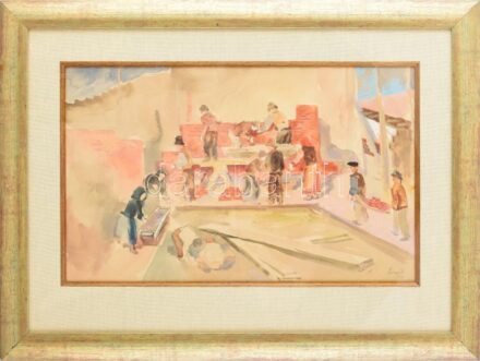 Szőnyi István (1894-1960): Kaláka, 1937. Akvarell, papír, jelezve jobbra lent, üvegezett fakeretben, 29×47 cm / watercolour on paper, signed, framed