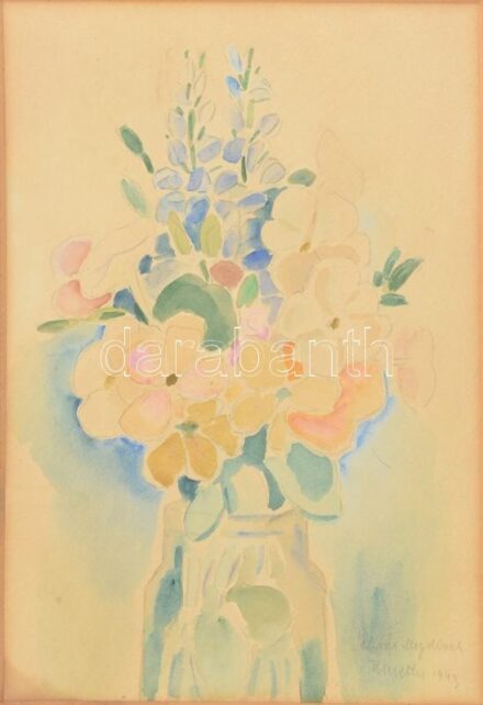 Kmetty János (1889-1975): Csendélet. Akvarell, ceruza, papír, jelezve jobbra lent (Kmetty 1943), Kmetty János autográf dedikációjával (Sch... Magdinak). Üvegezett fakeretben, 30×23 cm / János Kmetty (1889-1975): Still life. Watercolour on paper, signed lo