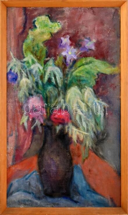 Gráber Margit (1896-1993): Csendélet. Olaj, vászon, farostra kasírozva, jelezve balra lent. 65×38 cm. Fakeretben / oil on canvas, mounted on fibre board, signed lower left, framed