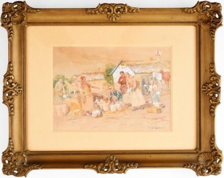 Deák Ébner Lajos (1850-1934): Piaci jelenet. Akvarell, papír. Jelzett. Dekoratív, üvegezett fakeretben. 15,5x21,5 cm. / watercolour on papíer, signed, framed.