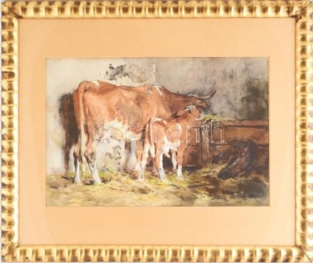 Edvi Illés Aladár (1858-1927): Tehén borjával, 1911. Akvarell, papír, jelezve jobbra lent. Hátoldalán XI. veneziai Nemzetközi Műkiállítás 1914 raglapjával és címkéjével. Üvegezett, dekoratív fakeretben, 29,5×45 cm / watercolour on paper, signed, with Vene