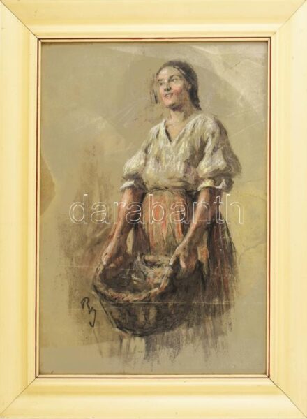 Révész Imre (1859-1945): Parasztasszony kosárral. Vegyes technika, papír, kisebb felületi sérülésekkel, restaurált, jelzett, üvegezett keretben 49x33 cm / mixed technique on paper, restored, slightly damaged, framed