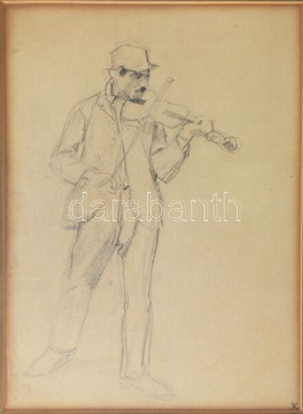 Bihari Sándor (1855-1906): "Bizsu" cigány vázlata. Ceruza, papír. Jelzés nélkül. Hátoldalán Bihari Sándor hagyatéka 1906 raglappal valamint "Bizsu" cigány vázlata és "Bihari Sándornétól emlékül 1908. máj. 27-én" korabeli felirattal. Üvegezett fakeretben.