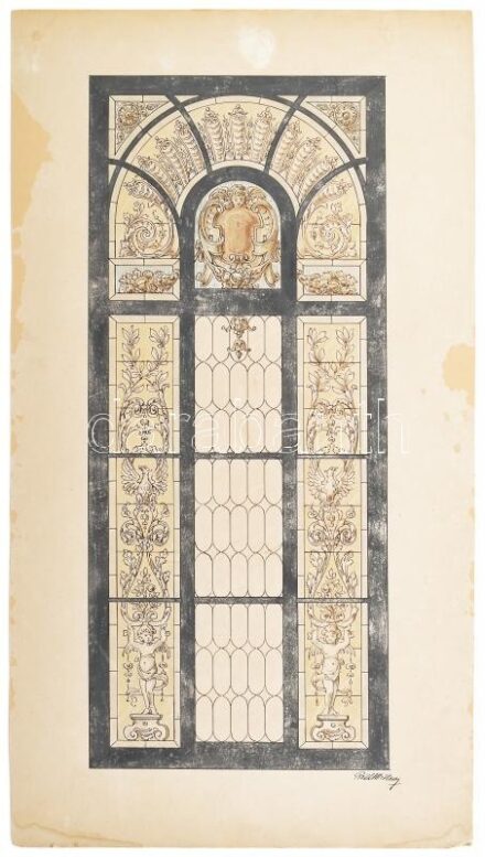 Róth Miksa (1865-1944): Üvegablak terv. Akvarell, tus, papír, jelezve jobbra lent, lap alján Róth Miksa szárazbélyegzővel. Lap széle kissé foltos és kissé sérült, rajz ép, kartonra kasírozva, 41x18 cm / watercolour and ink on paper, signed, on cardboard,